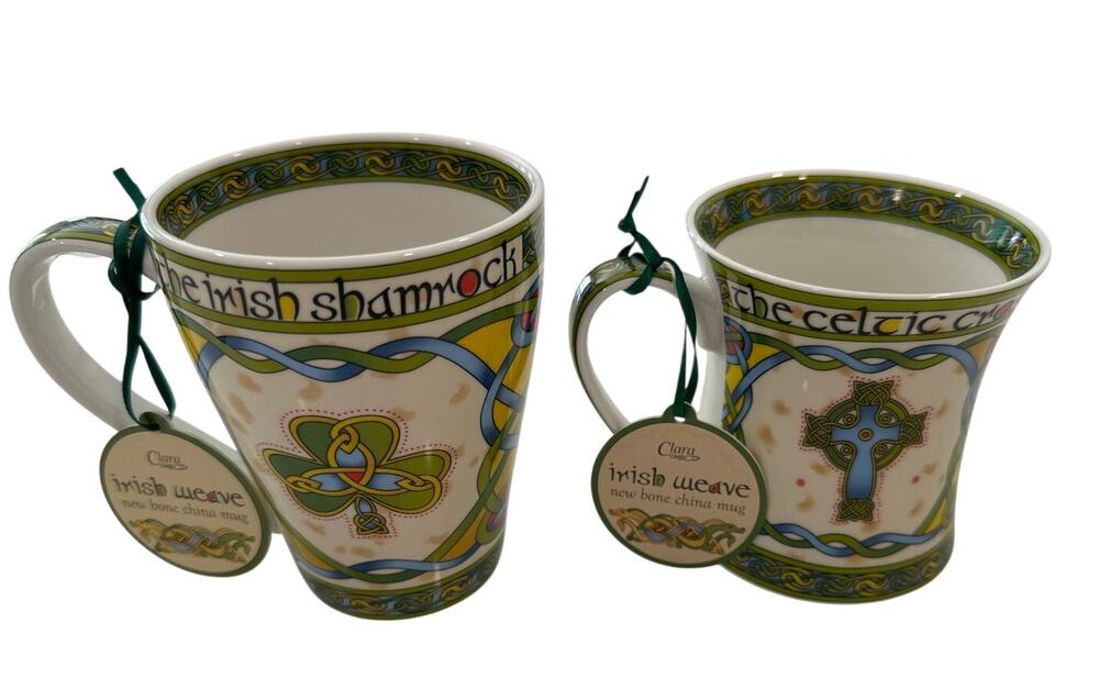 Clara Irish Weave New Bone China Mug Set of 2- Irish Shamrock & Celtic Cross NWT